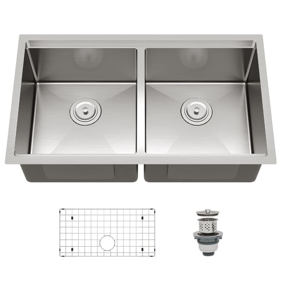 DSstyles Deluxe Double Bowl Undermount Kitchen Basin 36x19x10 Inch – 304 Brushed Stainless Steel, Deep Basin, Bottom Grids, Drainboard, Noise Reduction, Commercial Grade, Easy Clean