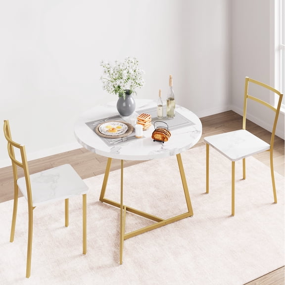 DSstyles Dining Table Set for 2, Round Kitchen Table and Chairs for 2, Modern Dining Room Table Set with 2 Metal and Wood Chairs, Kitchen Table Set for Small Space, Apartment, Marble White and Gold