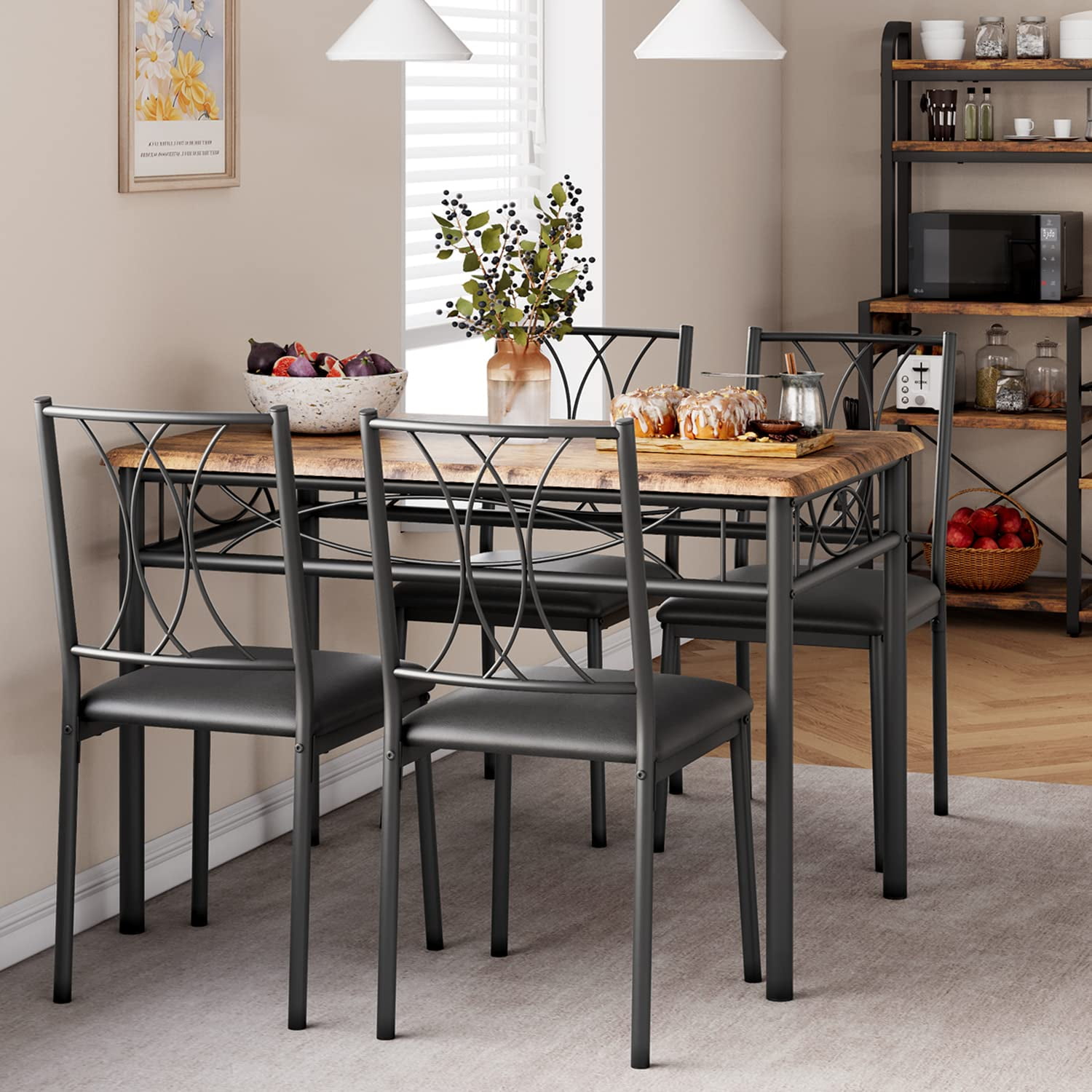 Rustic Brown Metal and Wood Dining Table Set for 4