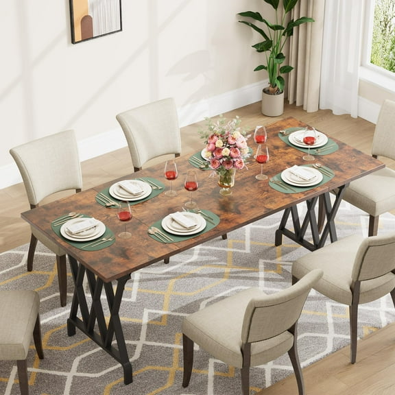 DSstyles Dining Table for 6 People, 70.8" Rectangular Kitchen Table, Rustic Farmhouse Dining Table with Heavy Duty Metal Legs for Dining Room