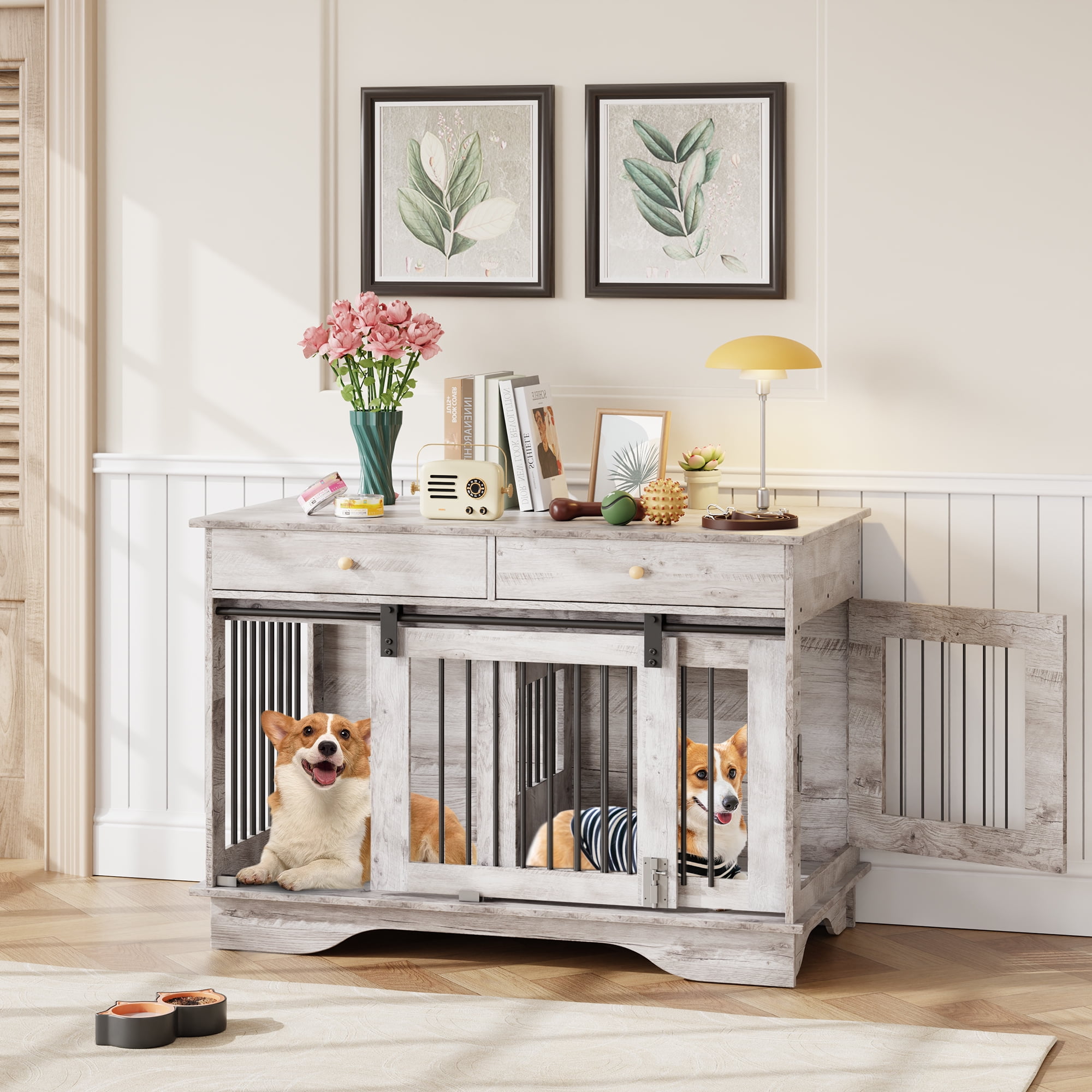 DSstyles Dog Furniture Crate, 47" Large Dog Crate Furniture with 2 Storage Draws & Removable Divider for Large/Medium/Small Dogs