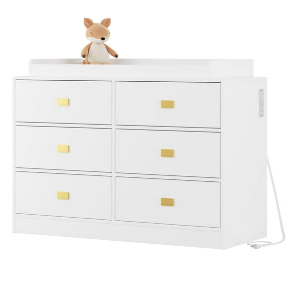 DSstyles Dresser for Bedroom with 6 Drawers, Wide Chest of Drawers with Changing Table Top, Nursery Storage Organizer for Infant with Power Outlets, Changing Pad & Removable Top