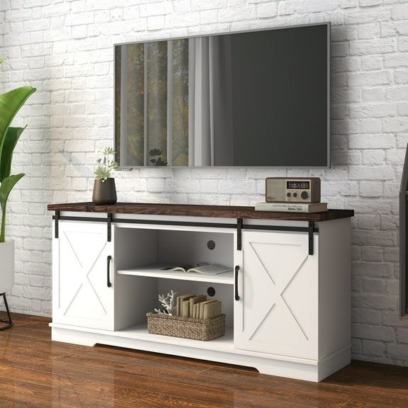 DSstyles Farmhouse Sliding Barn Door TV Stand for 65 inch TV, White Entertainment Center, 58 inch TV Console Table, Home Living Room Wood TV Stand with Movable Shelf