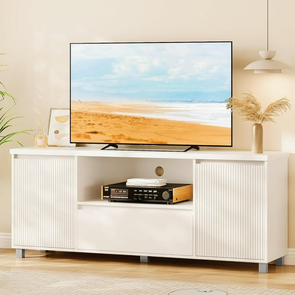 DSstyles Fluted TV Stand for 65 Inch TV, Entertainment Center with Storage Drawer and Open Shelf, Modern TV Media Console Cabinet Furniture for Living Room, Bedroom, White
