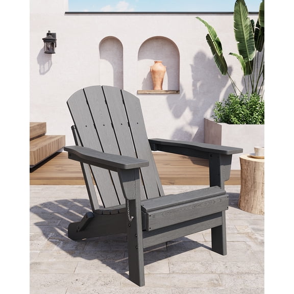 DSstyles Folding Adirondack Chair Set of 2 with Side Table – All-Weather HDPE, Wood Grain Texture, Cup Holder,Lawn Garden Deck Fire Pit,With Cup Holder, Gray 2 Chairs + 1 Side Table
