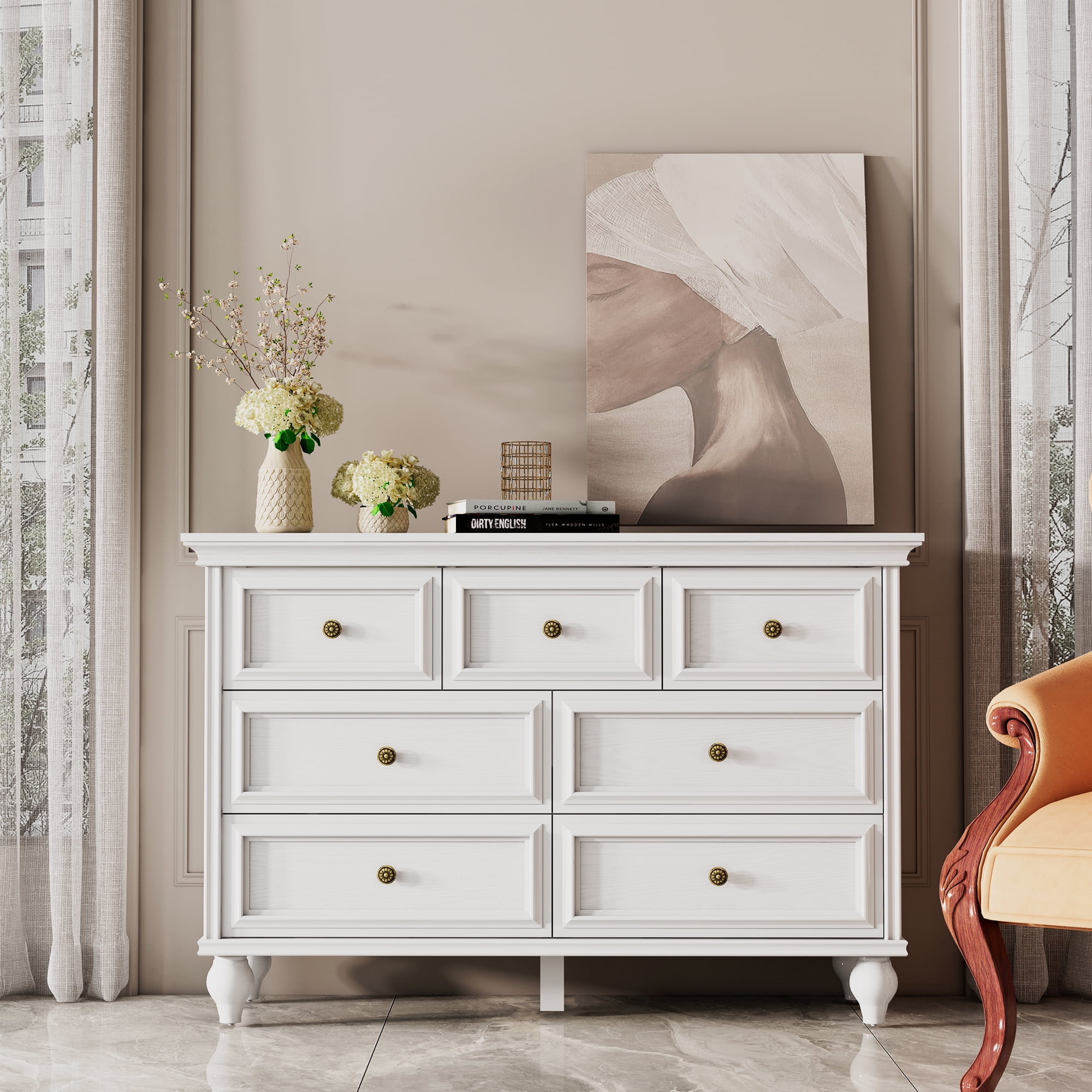 DSstyles French Vintage Dresser 7 Drawers Wood White for Bedroom