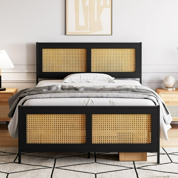 DSstyles Full Size Bed Frame with Rattan Headboard and Footboard, Black Rattan Platform Bed Frame, Mattress Foundation, Noise-Free, No Box Spring Needed, Easy Assembly