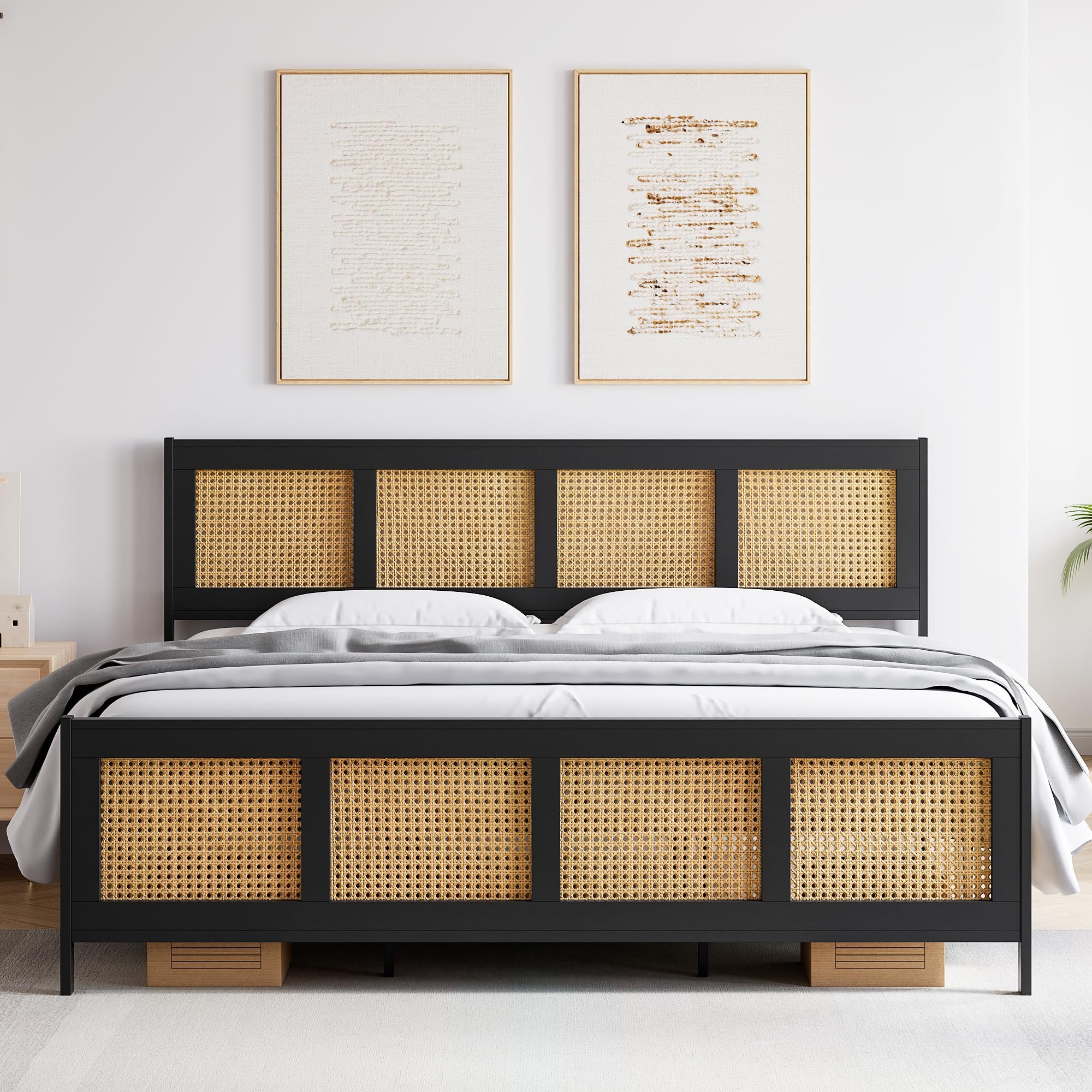 DSstyles King Size Bed Frame with Rattan Headboard and Footboard, Black ...