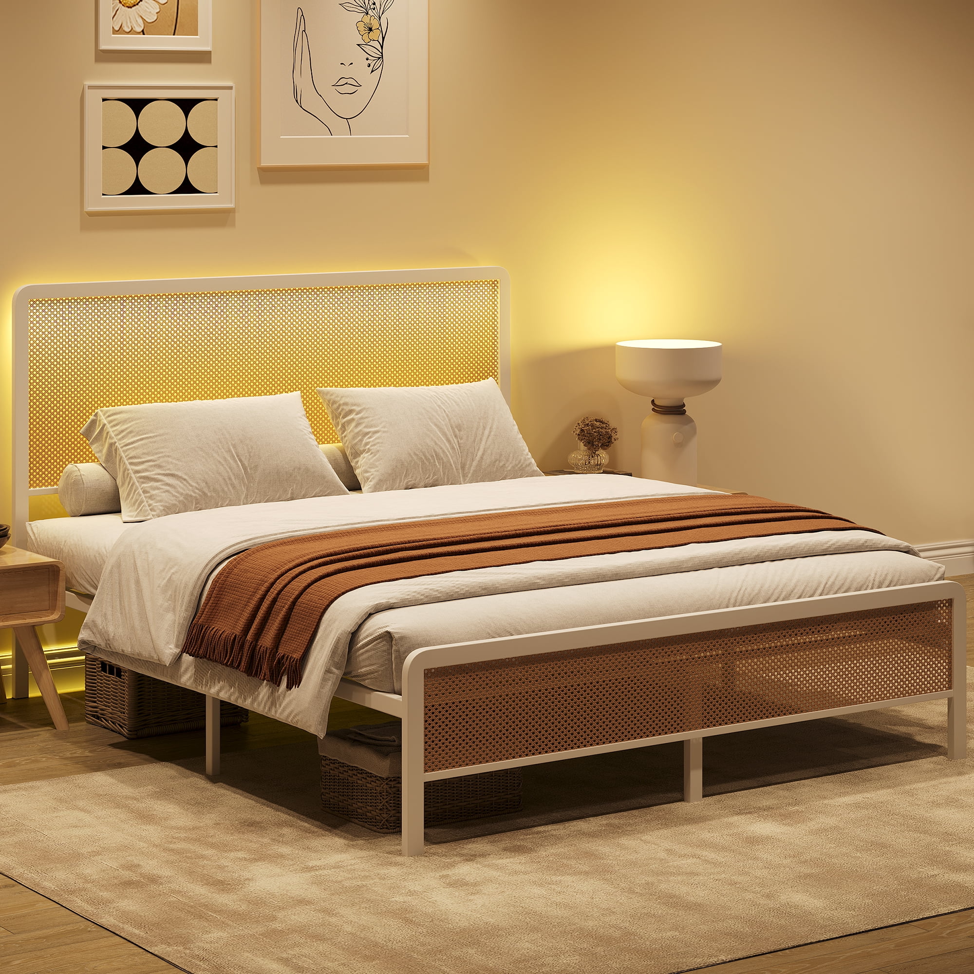 DSstyles Full Size Rattan Platform Bed Frame with Led Light Headboard ...