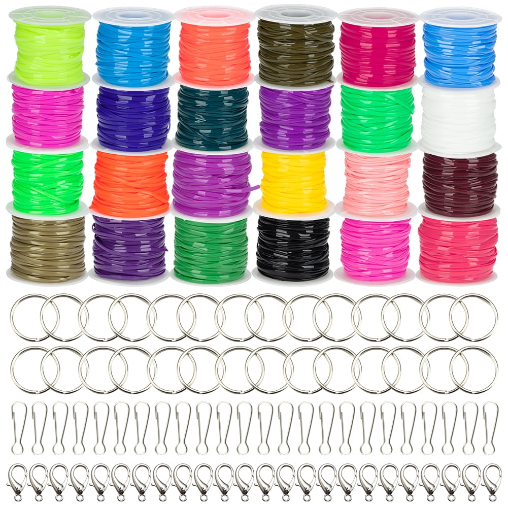 Plastic Lanyard String Kit,24 Rolls Gimp Bracelet Making Kit String Plastic  Lacing Cords with 24 Pcs Jewelry Lobster Clasp 24 Pcs Key Chain Ring