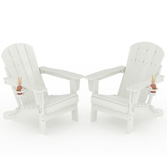 DSstyles HDPE Folding Adirondack Chairs Set of 2 – All-Weather Outdoor Patio Chairs, Wood Grain Texture, Cup Holder, Collapsible, Weather Resistant, Garden Deck Fire Pit Lawn,With Cup Holder, White