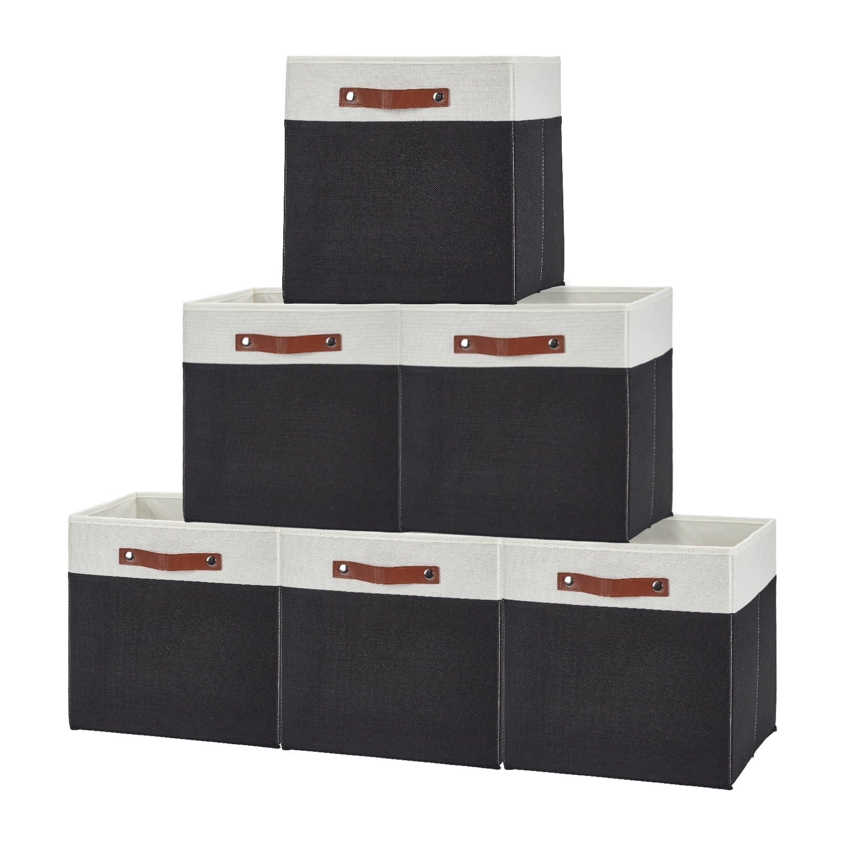 DSstyles Adult Stackable 6-Compartment Closet Organizer Box Set with Leather Handles, White & Black, 6 Count, 6 Pack