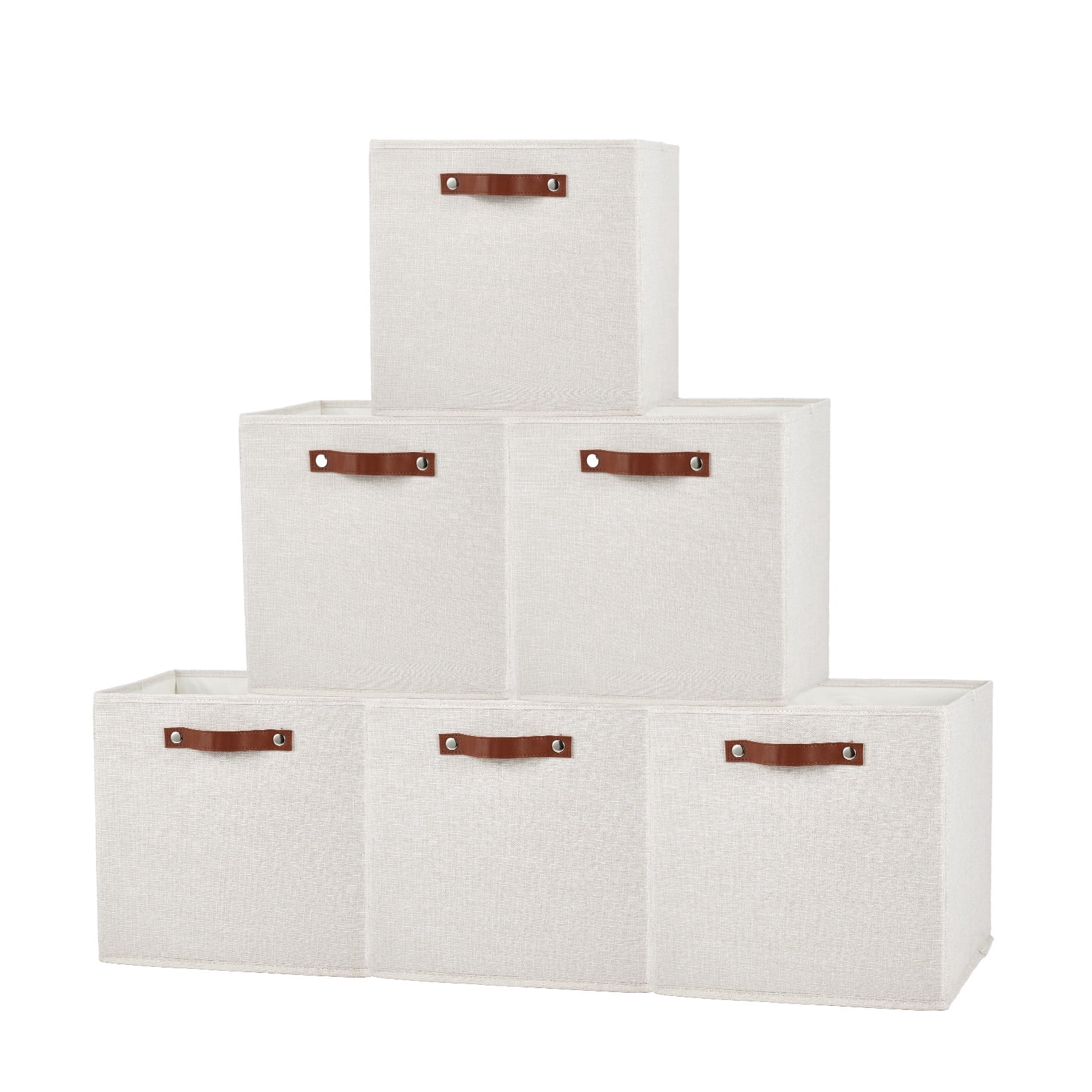 DSstyles Stackable Storage Cube Bins Box Set with Leather Handles, Beige, 6 Pack