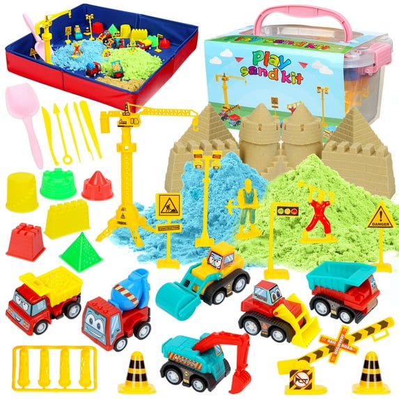 DSstyles Kids Toy Sand Set - 3 Pound Space Sand, 3 Colors, Sand Modeling Tool, Construction Truck, Collapsible Sandbox & Storage Box, 32 Piece Sandbox Playset, For Boys & Girls 6 Years And Up