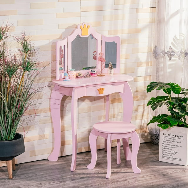 DSstyles Kids Vanity, Girls Vanity Table with Mirror,Stool,Tri-Folding ...