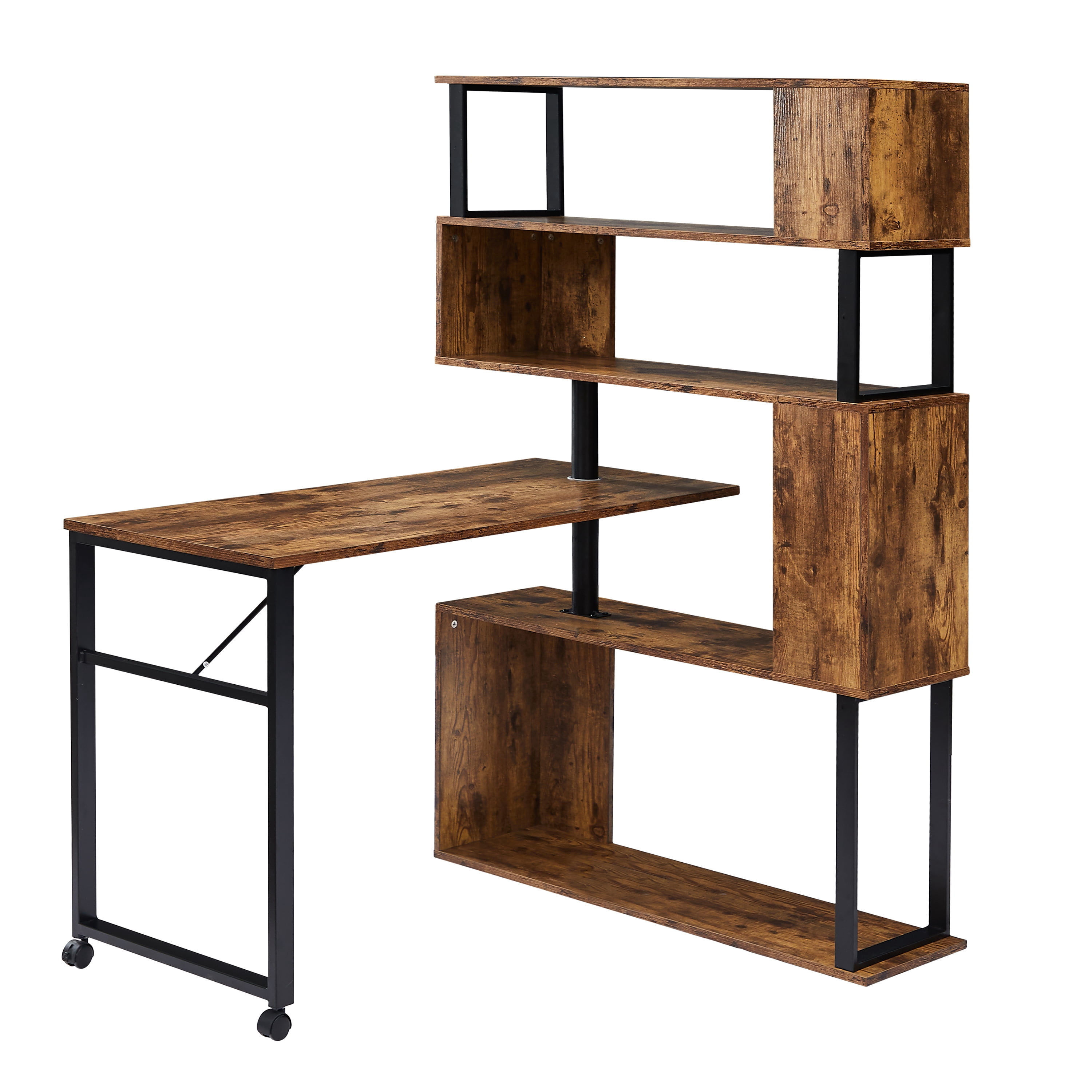 DSstyles L-Shaped Computer Desk with 5-Tier Bookshelf Lockable Casters ...