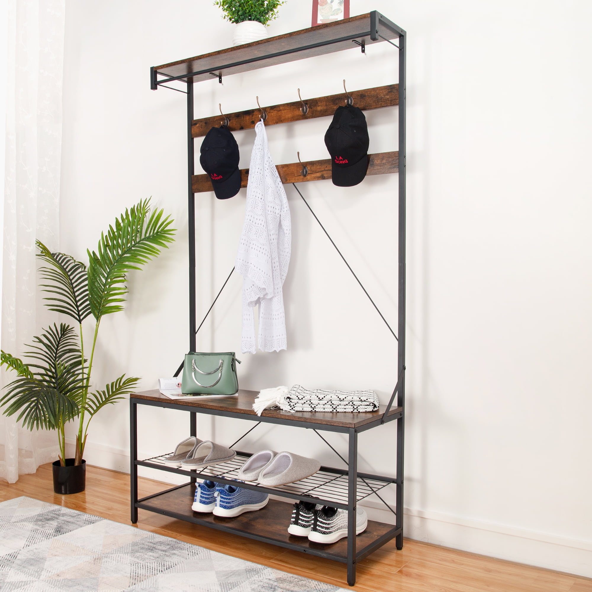 DSstyles Large Coat Rack Shoe Bench 4 in 1 Hall Tree Shoe Rack for Entryway 3 Tier Storage Shelf and Hooks Removable Industrial Accent Furniture with Heavy Duty Steel Frame 39.9 x15.7 x72 Walmart