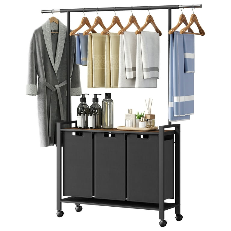 DSstyles Laundry Sorter Cart with Wooden Shelf Laundry Hamper Rolling Laundry Basket with Garment Rack Hanging Rod