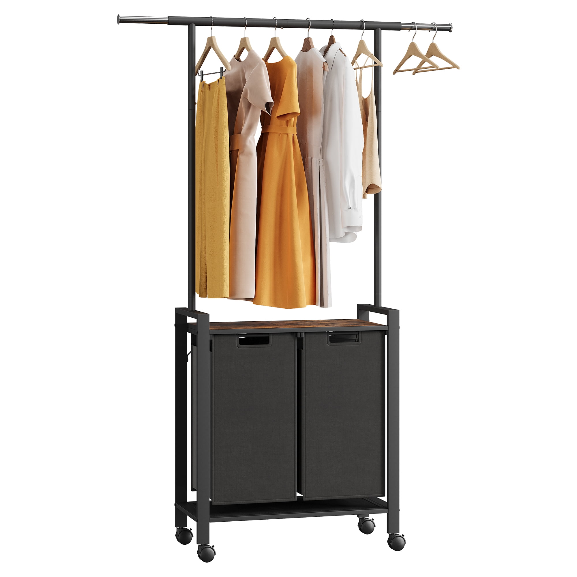 DSstyles Laundry Sorter Cart with Wooden Shelf Laundry Hamper Rolling Laundry Basket with Garment Rack Hanging Rod Walmart