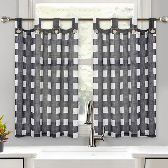 DSstyles Linen Striped Tier Curtains with Solid Button Small Valance Rod Pocket Tailored One Panel Kitchen Curtain Cafe Curtain for Living Room, Bathroom, Kitchen