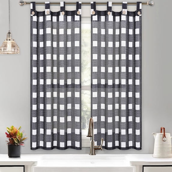 DSstyles Linen Striped Tier Curtains with Solid Button Small Valance Rod Pocket Tailored One Panel Kitchen Curtain Cafe Curtain for Living Room, Bathroom, Kitchen