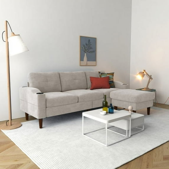DSstyles Living Room Sofa Couch L-Shaped Sofa With Storage Footstools USB Port Cup Holder Sectional Sofa For Home Bedroom Office Studio