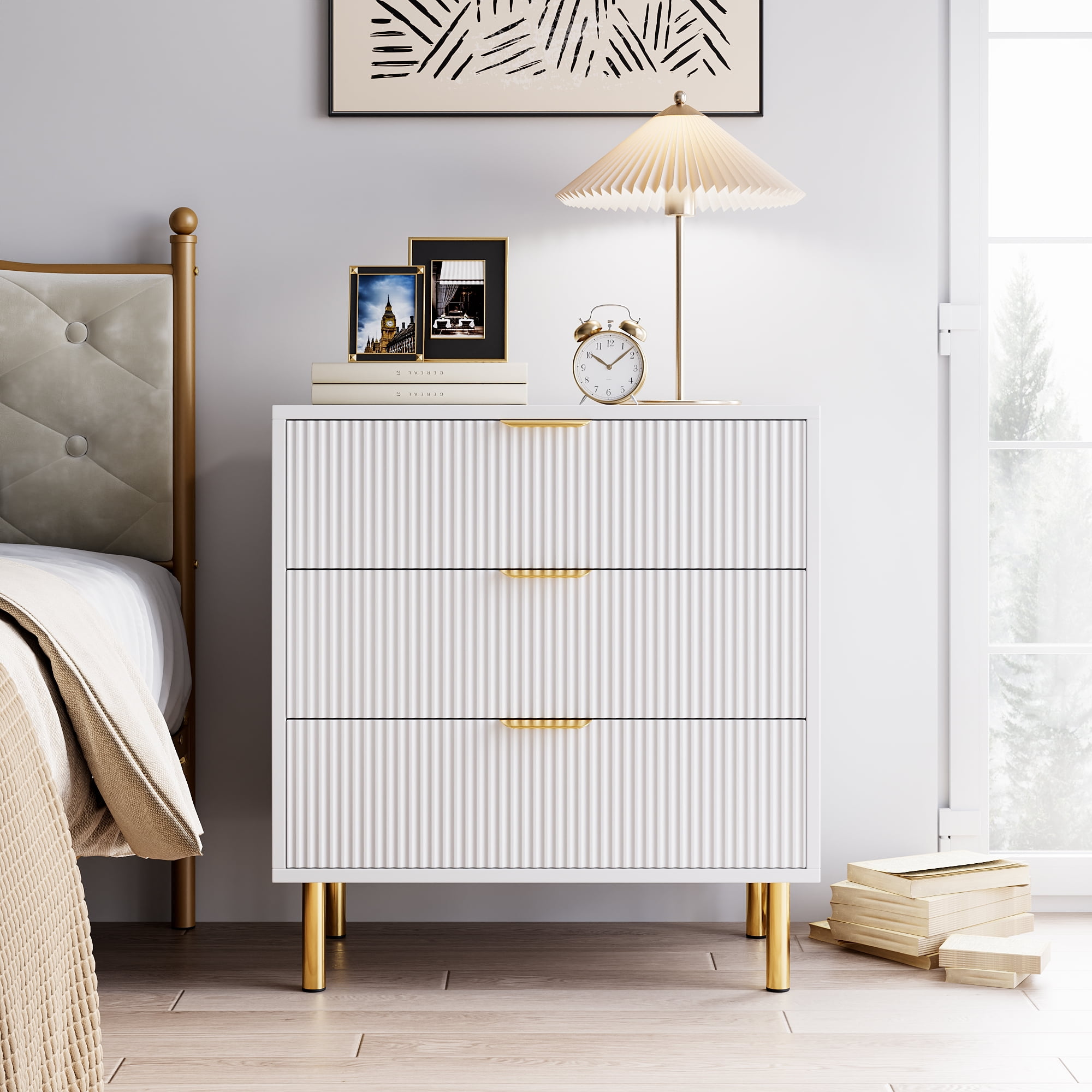 white and gold double dresser 63" Wide 9/12 Drawer Dresser for Bedroom, Modern Farmhouse Double Dresser with Gold Knobs, Large Storage Chest - White