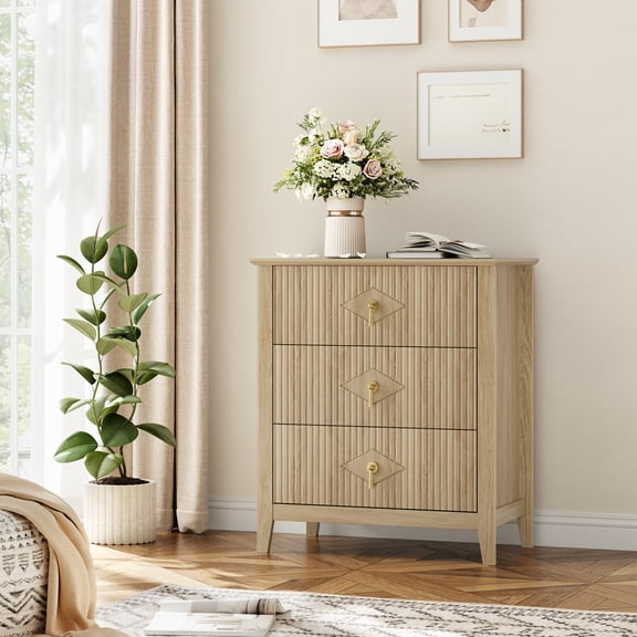 DSstyles Modern Fluted 3-Drawer Dresser - 28" Wide Wood Storage Cabinet with Metal Handles - Bedside Cabinet or Chest for Bedroom, Living Room, Hallway - Easy Assembly - Natural Wood Color