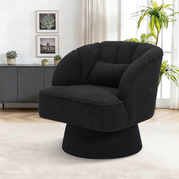 DSstyles Modern Smooth Swivel Barrel Accent Chair – 360° Rotating Lounge Armchair with Teddy Fleece Upholstered Armrests – Comfy Club Chair for Living Room, Bedroom, Office– Soft Support Black