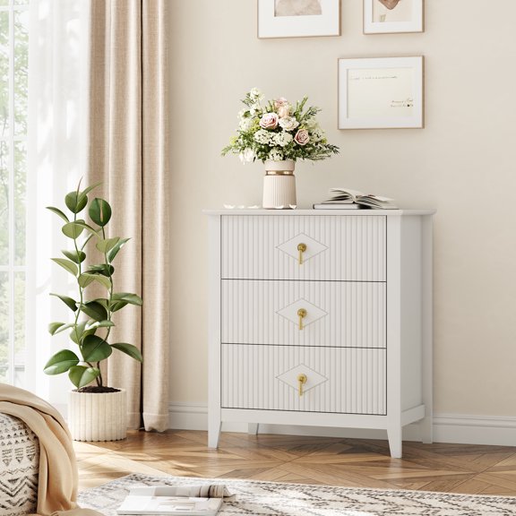 DSstyles Modern White Fluted 3-Drawer Dresser - Wide Bedroom Bedside Cabinet Storage Cabinet - Chest of Drawers with Metal Handles for Bedroom, Living Room, Entryway - Easy Assembly - White