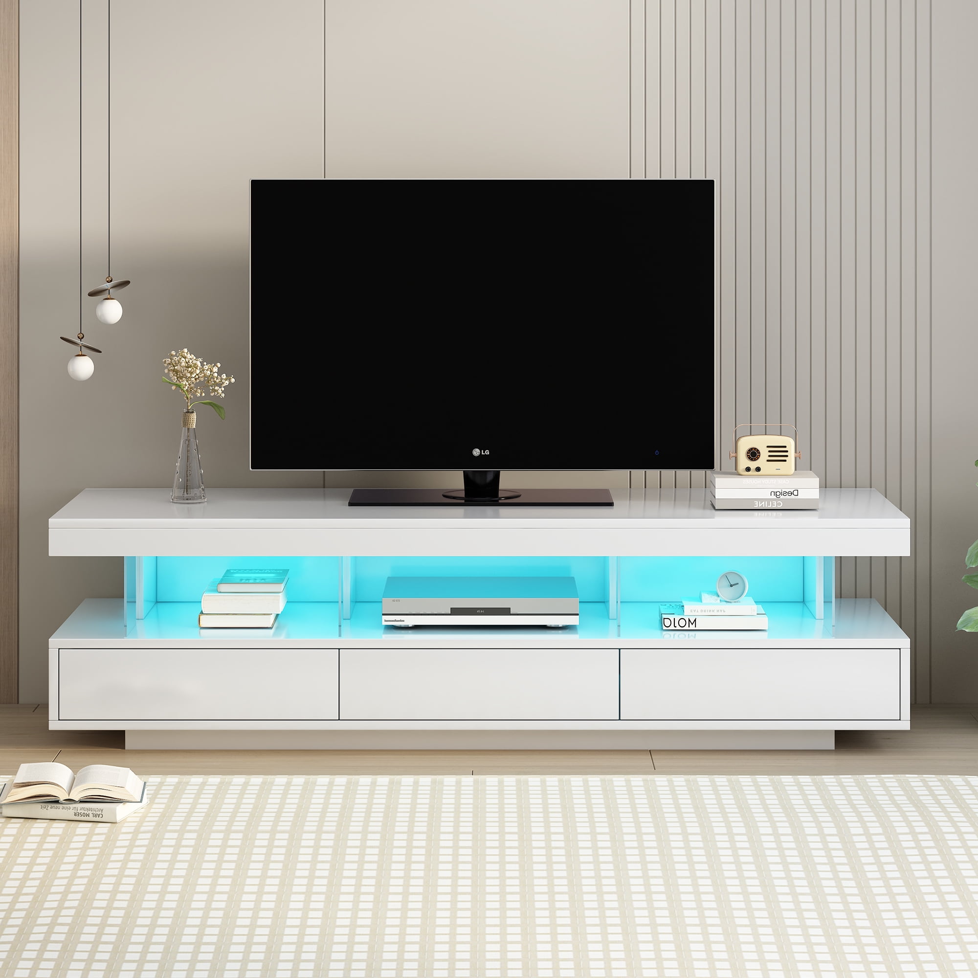 DSstyles Mordern TV Table with Spacious Tabletop 3 Drawers Open Shelves ...