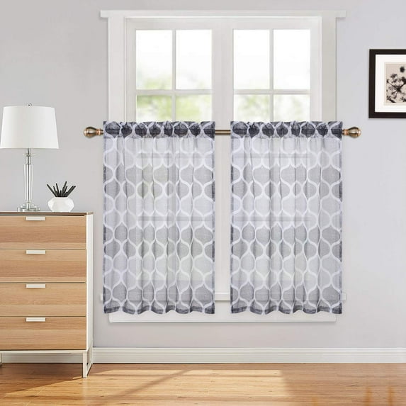 DSstyles Moroccan Tile Printed Sheer Tier Curtains, Short Curtains for Bathroom, Geometric Design Window Covering Kitchen Cafe Curtains, 28" x 24", Red/Wine, Set of 2