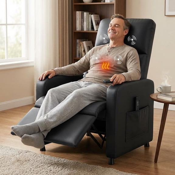 DSstyles Power Recliner Chair with Heat & Massage, PU Leather Single Sofa with Padded Seat & Side Pockets, Adjustable Electric Recliner for Living Room, Black