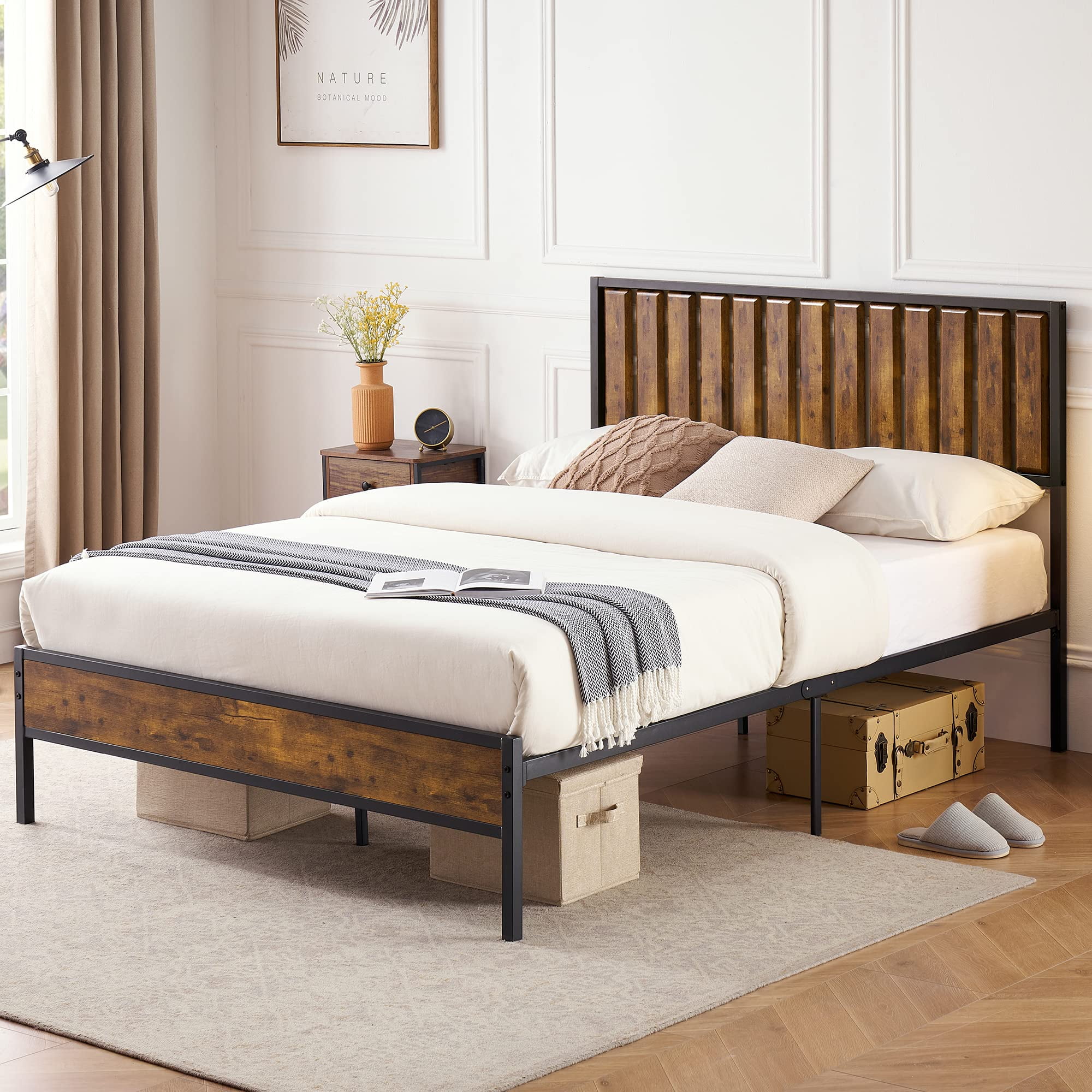 DSstyles Queen Bed Frame with Wood Headboard, Platform Metal Bed Frame ...