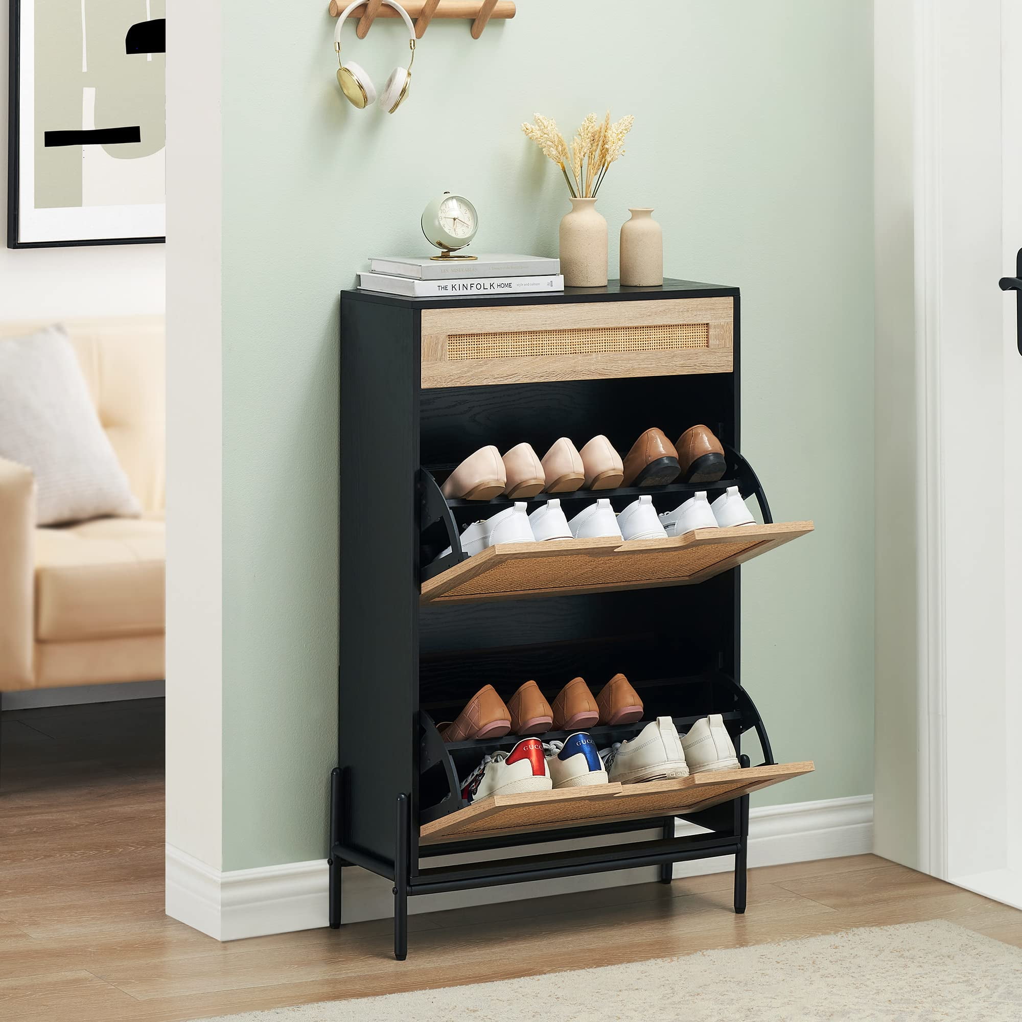 WizMax Natural Wooden Rattan Elegant Entryway Shoe Cabinet Shoe Storage Organizer with Drawers and Shelves Black Walmart