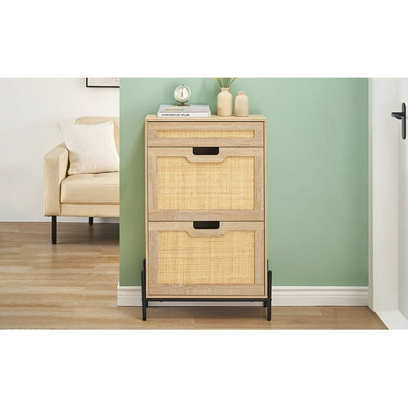 DSstyles Rattan Shoe Cabinet with 2 Flip Door 1 Drawer Wooden Free Standing Shoe Racks, Shoe Storage Organizer Shoe Rack with 3-Tier Adjustable Shelves for Entryway, Hallway, Living Room
