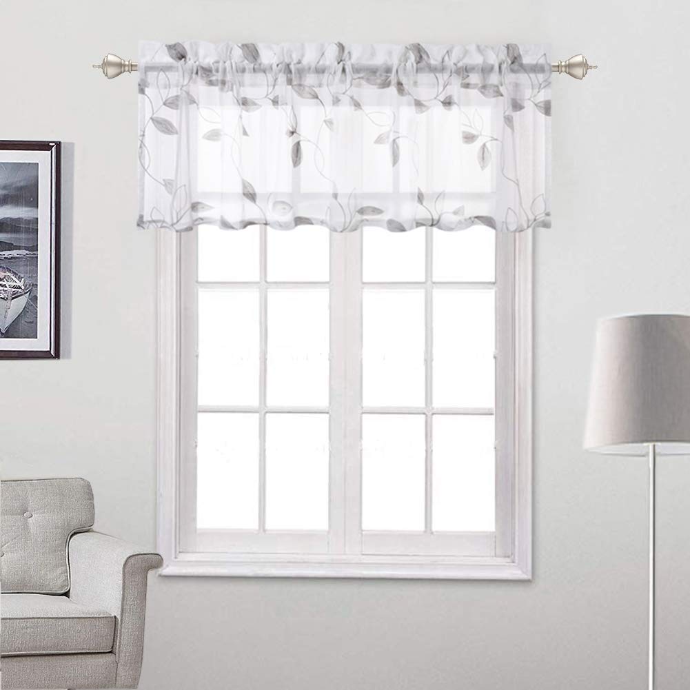 DSstyles Sheer Valance Curtains, Grey Ribbon Leaf Embroidery Window