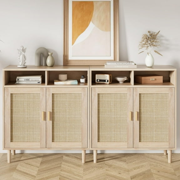 DSstyles Sideboard Buffet Cabinet Set of 2, Rattan Buffet Storage Cabinet with Doors and Shelves, Modern Farmhouse Vintage Small Sideboard Cabinet Furniture for Kitchen Entryway Dining Living Room
