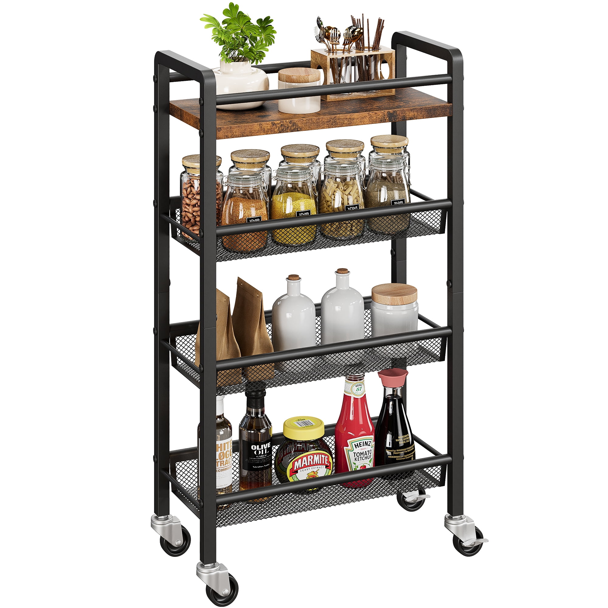 DSstyles Slim Kitchen Cart, Small Serving Cart, 4 Tier Kitchen Rolling