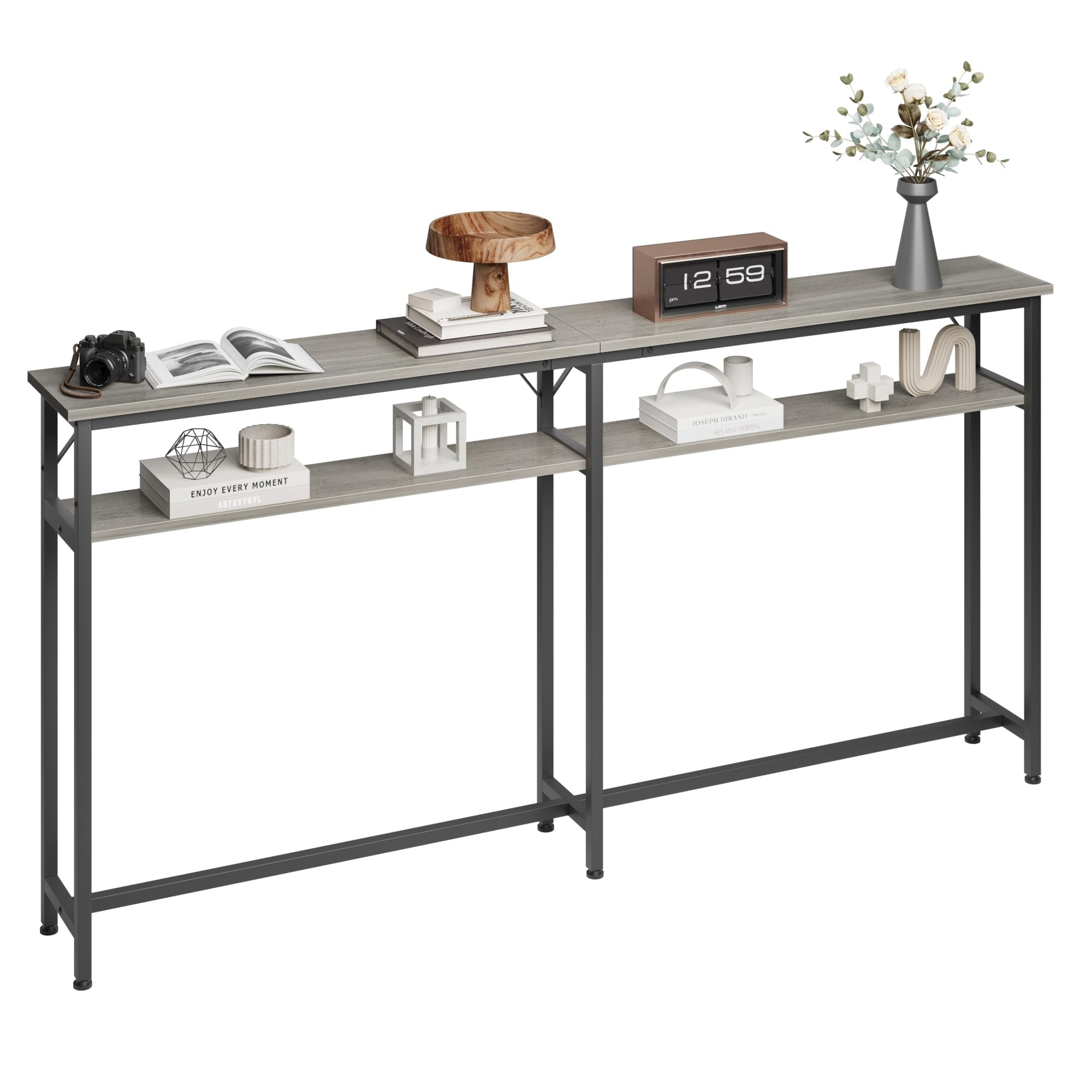 DSstyles Sofa Tables Narrow Long, 2 Tier Grey Console Table with