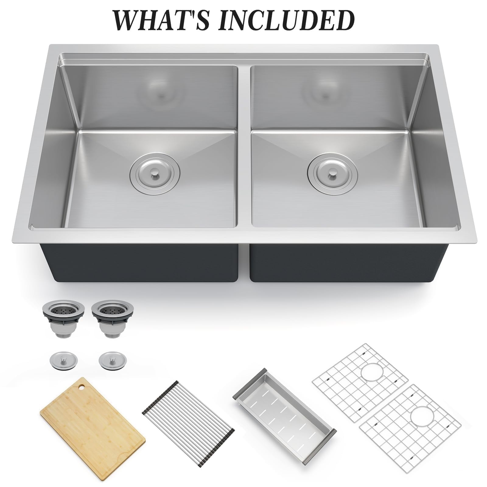 DSstyles Spacious Double Bowl Undermount Kitchen Basin 36x19x10 Inch – 304 Brushed Stainless Steel, Deep Flat Bottom, Bottom Grid & Drain Kit, Commercial Grade, Noise Reduction, Easy Clean
