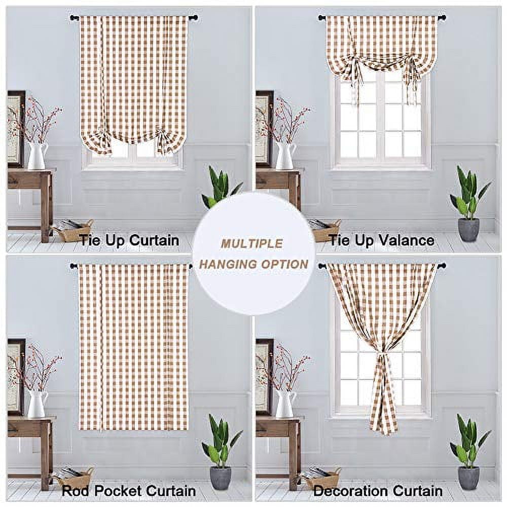 DSstyles Tie Up Curtains for Windows, Buffalo Check Plaid Gingham Pattern Rod Pocket Adjustable