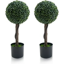 DSstyles Topiary Trees Artificial Outdoor Set of 2, 24" Milan Grass Ball Topiary Trees with Double Balls Boxwood Ball Trees for Porch, Home, Garden Decor