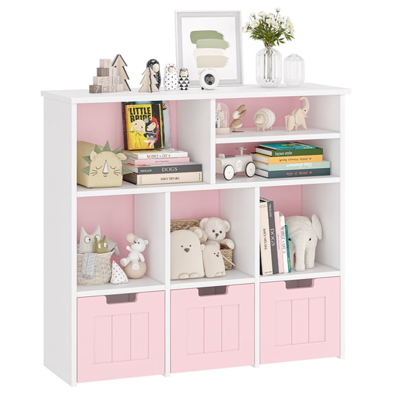 DSstyles Toy Storage Cabinet with 3 Movable Drawers & 6 Cubes, Children's Toy Shelf Kids Bookshelf with Hidden Wheels, Kids Bookcase Toy Storage Organizer for Bedroom & Playroom & Nursery