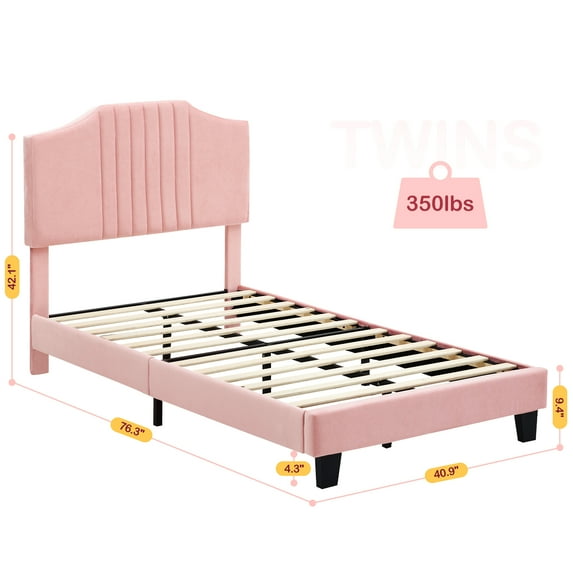 DSstyles Twin Bed Frame with Headboard, Upholstered Platform Velvet, Mattress Foundation with Wooden Slats Support, Easy Assembly, No Box Spring Needed