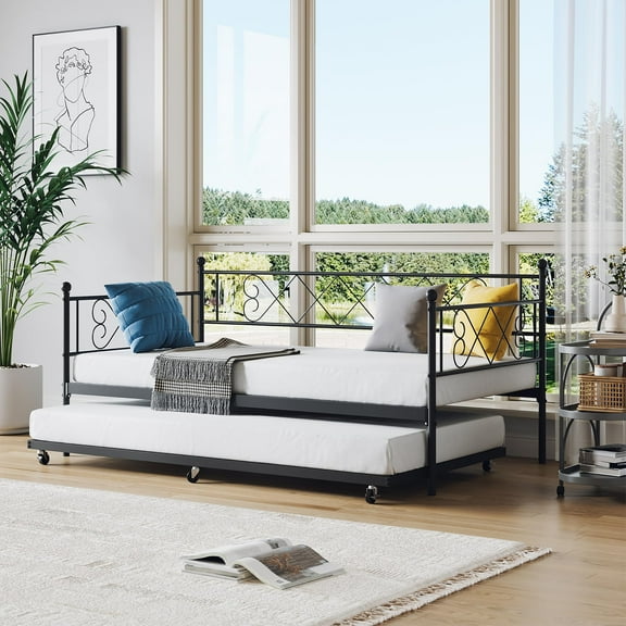 DSstyles Twin Metal Daybed with Trundle, Premium Steel Slat Support, Space Saving Trundle Sofa Bed for Living Room, Bedroom and Guest Room, Black/Pink/White
