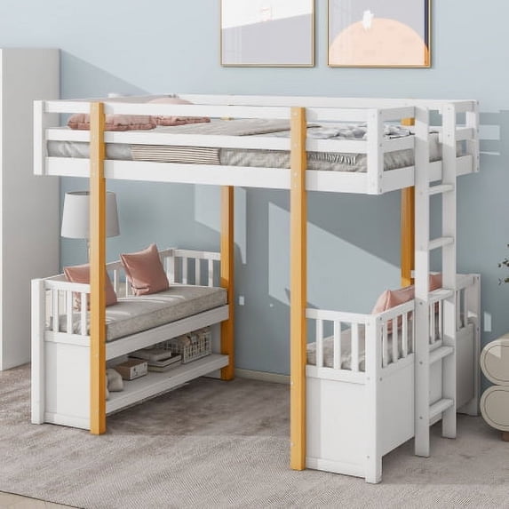 DSstyles Twin Size Loft Bed With 2 Seats Twin Size Bed Frame With Guardrail Ladder Storage Shelves For Teens Boys Girls No Box Spring Required
