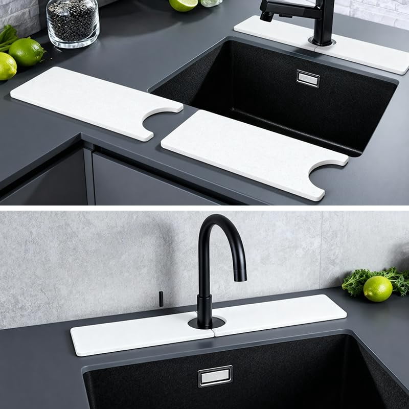 DSstyles Two-piece large stone drain mat set, suitable for kitchen countertops and sink faucets, made of quick-drying and absorbent diatomaceous earth, white.