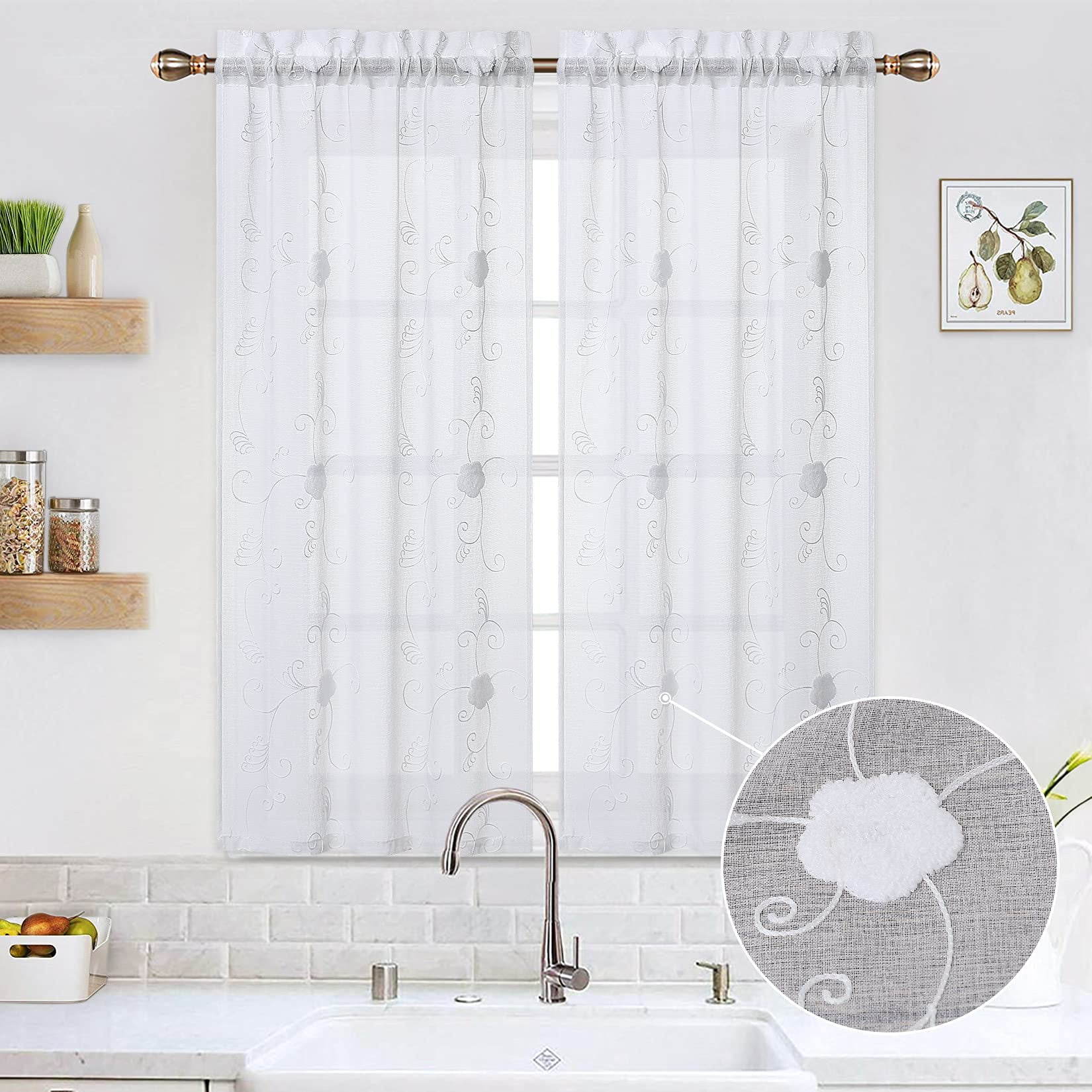 DSstyles White Short Curtains for Small Window, Floral Embroidered Pom Design Semi Sheer