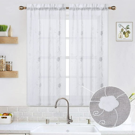 DSstyles White Short Curtains for Small Window, Floral Embroidered Pom Design Semi Sheer Bathroom Curtain Window, Rod Pocket Window Treatment for Living Room Bedroom, 2 Panels